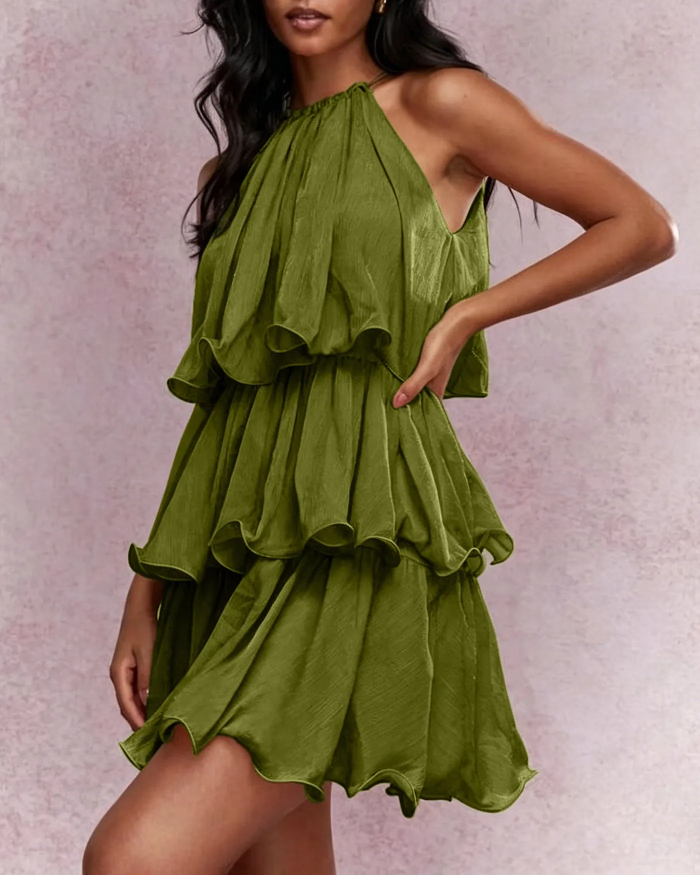 Green Round Neck Flowy Mini Dress sold by rihoas product image thumbnail 3