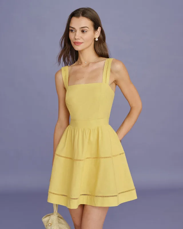 Yellow Square Neck Shirred Mini Dress made by rihoas