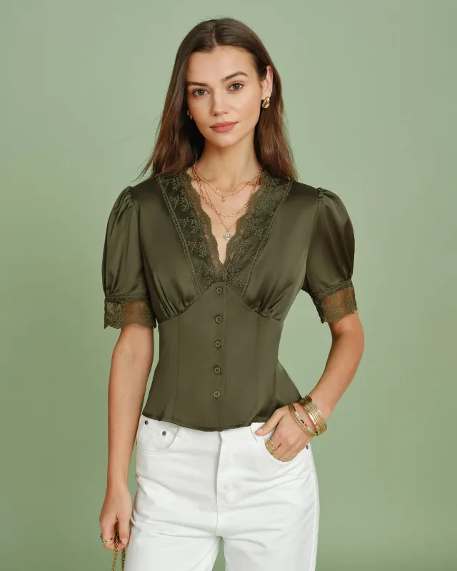 Green V Neck Puffed Sleeve Lace Blouse made by rihoas