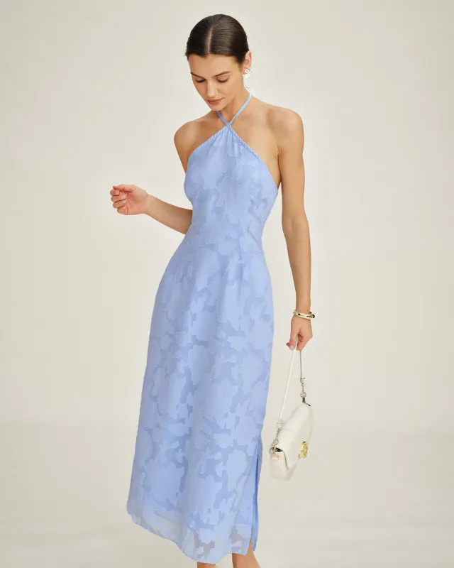Blue Halter Jacquard Slip Maxi Dress made by rihoas