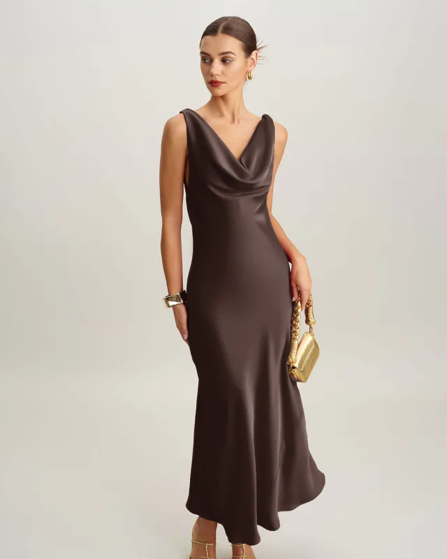 Coffee Cowl Neck Satin Maxi Dress made by rihoas
