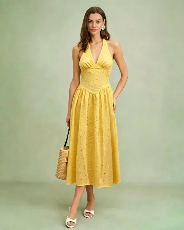 Yellow Halter Cut Out Textured Maxi Dress made by rihoas
