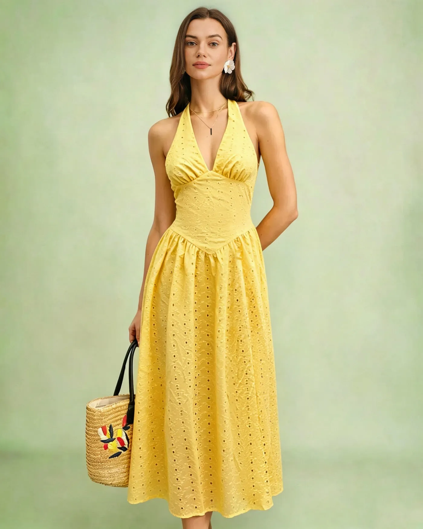 Yellow Halter Cut Out Textured Maxi Dress sold by rihoas product image thumbnail 3