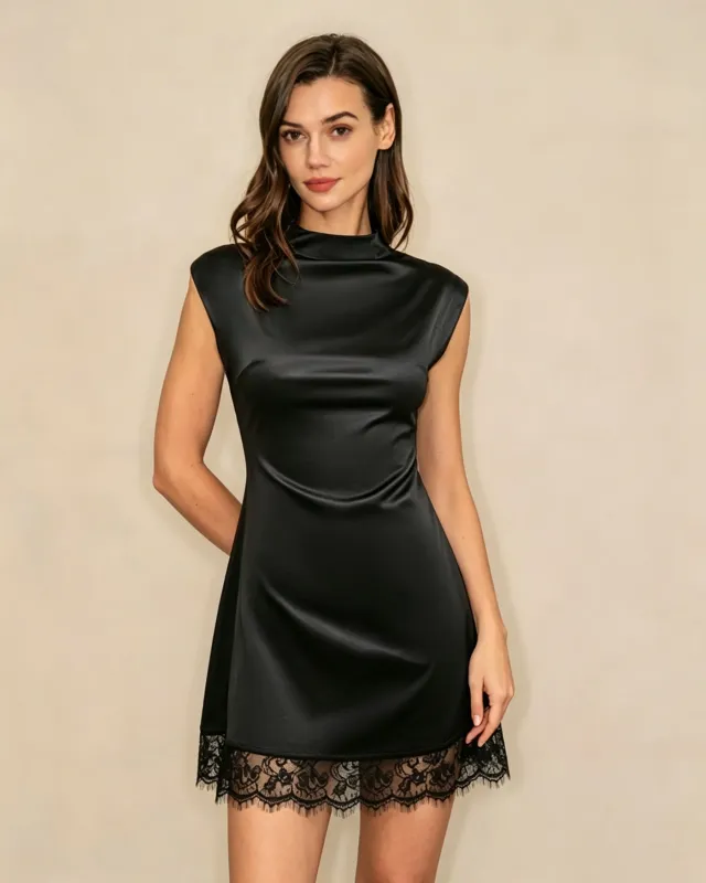 Black Turtle Lace Splicing Mini Dress made by rihoas