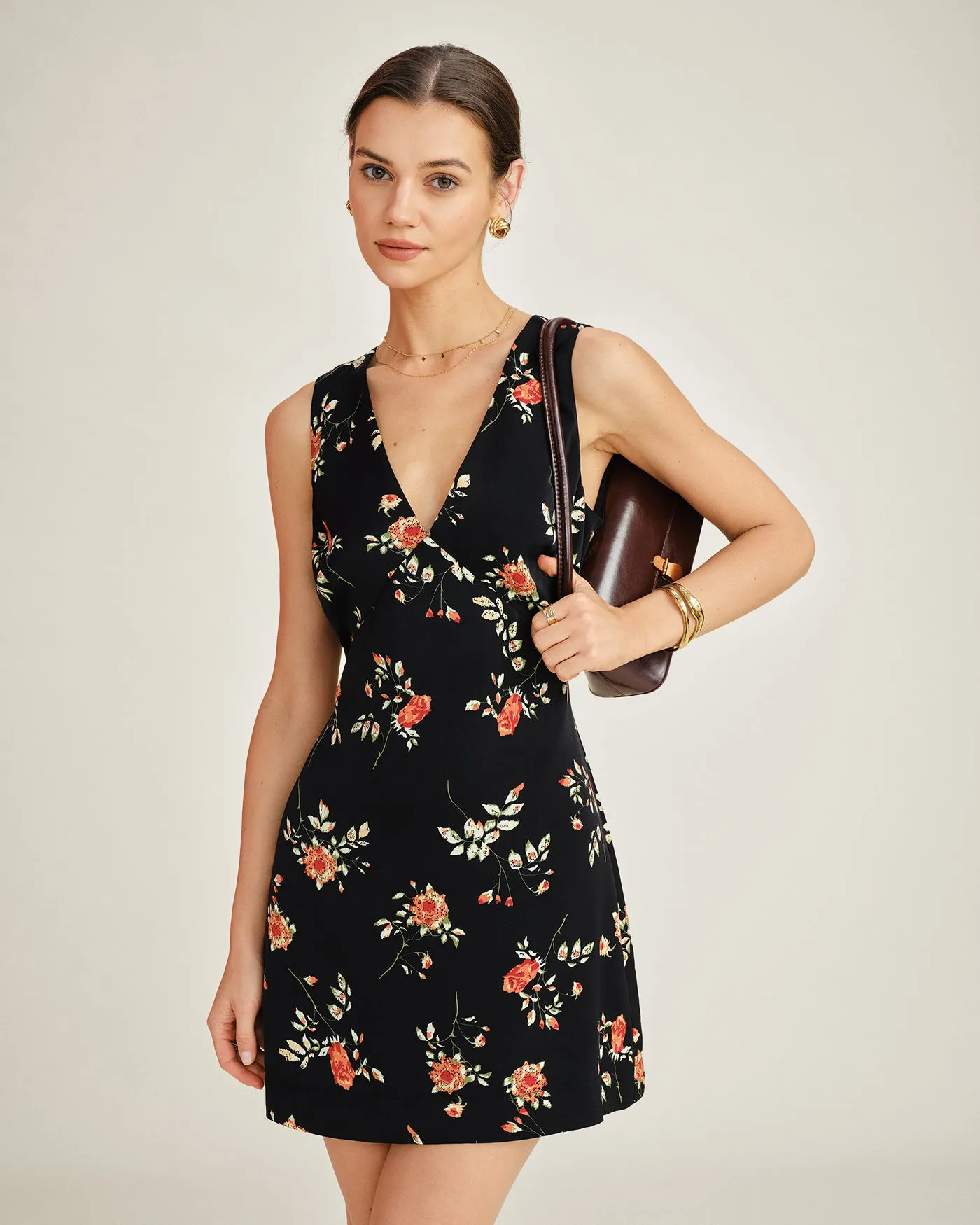 Black V Neck Floral A-Line Mini Dress sold by rihoas