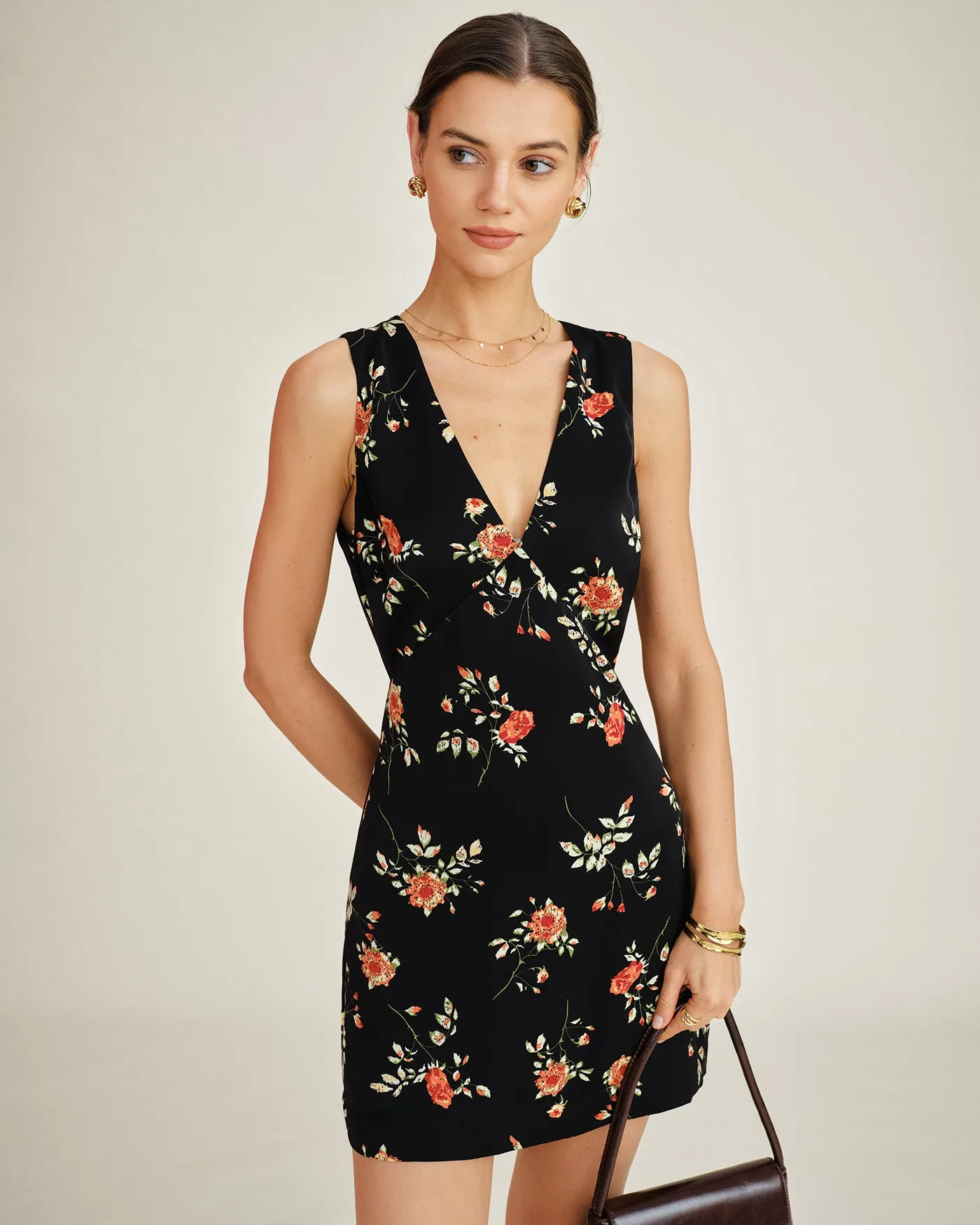 Black V Neck Floral A-Line Mini Dress sold by rihoas product image thumbnail 3