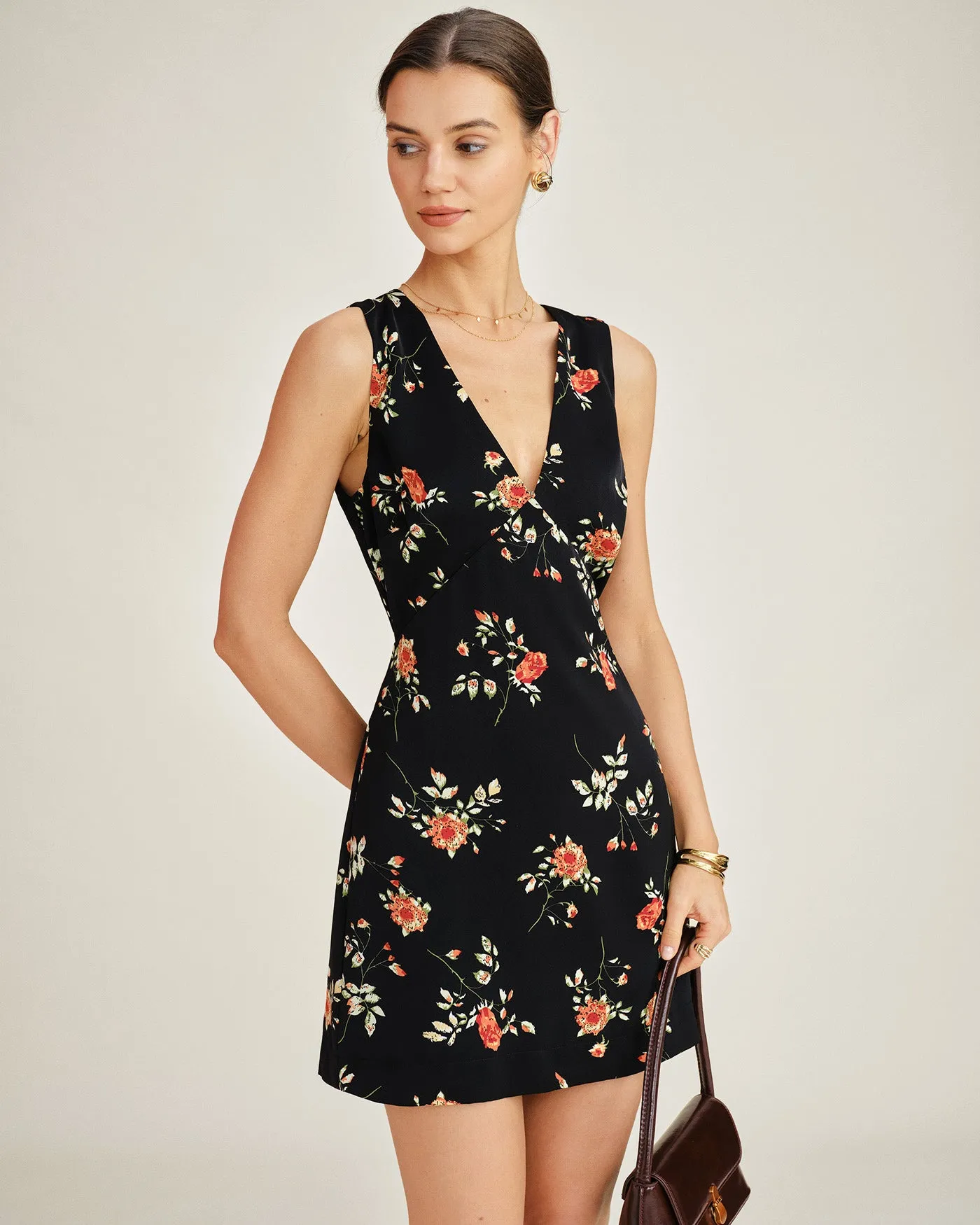 Black V Neck Floral A-Line Mini Dress sold by rihoas product image thumbnail 2