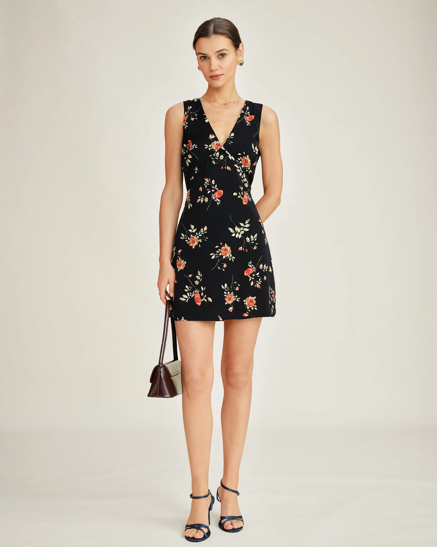 Black V Neck Floral A-Line Mini Dress sold by rihoas product image thumbnail 4