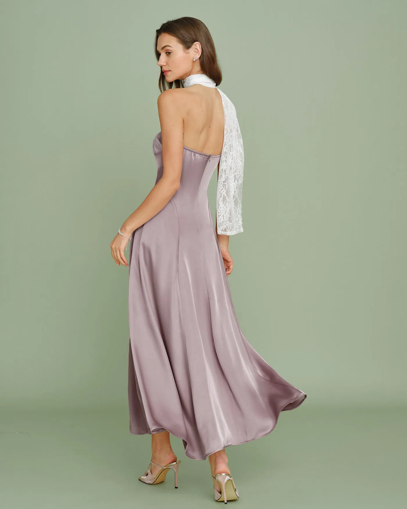 Pink One Shoulder Lace Splicing Maxi Dress sold by rihoas product image thumbnail 4