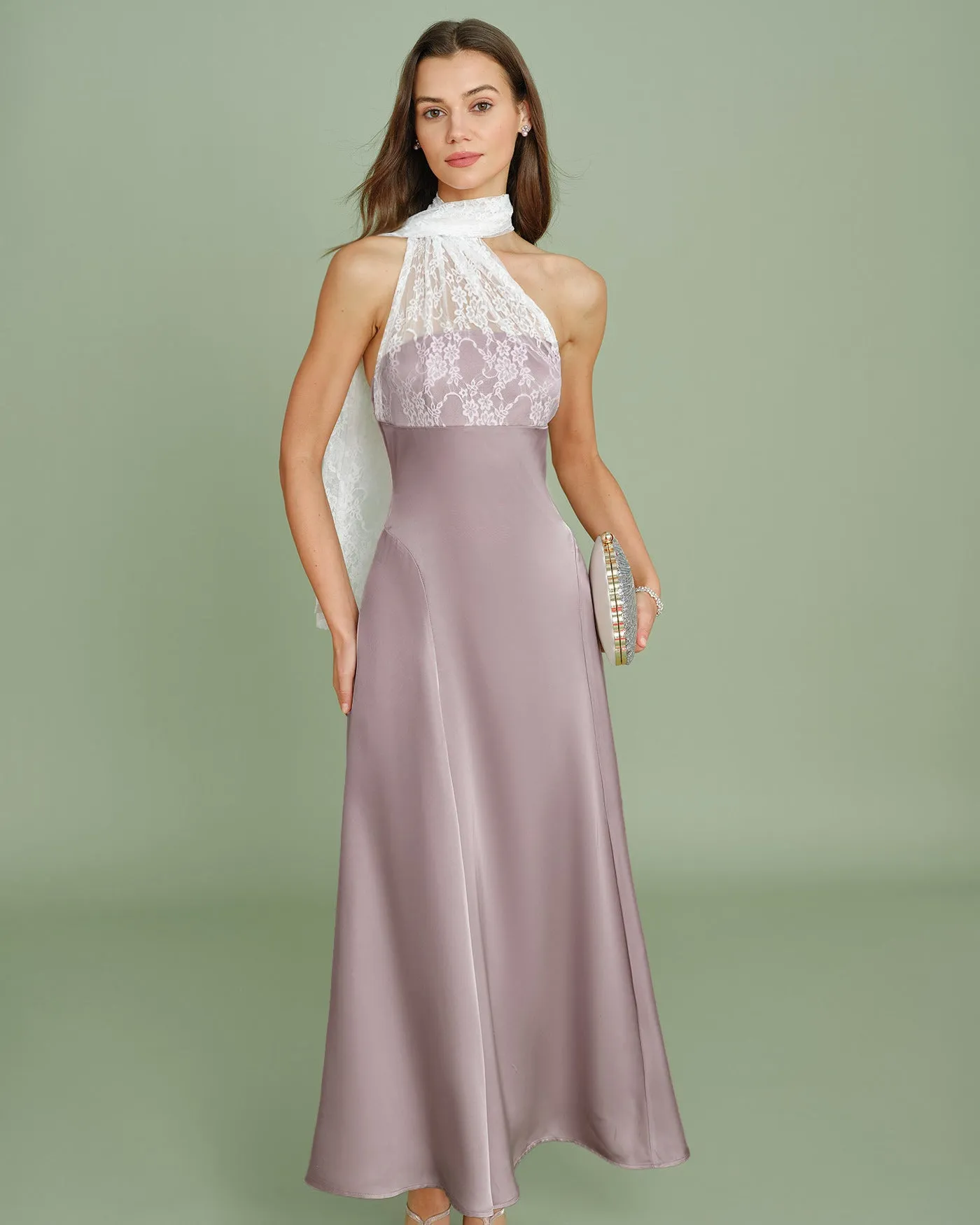 Pink One Shoulder Lace Splicing Maxi Dress sold by rihoas product image thumbnail 3