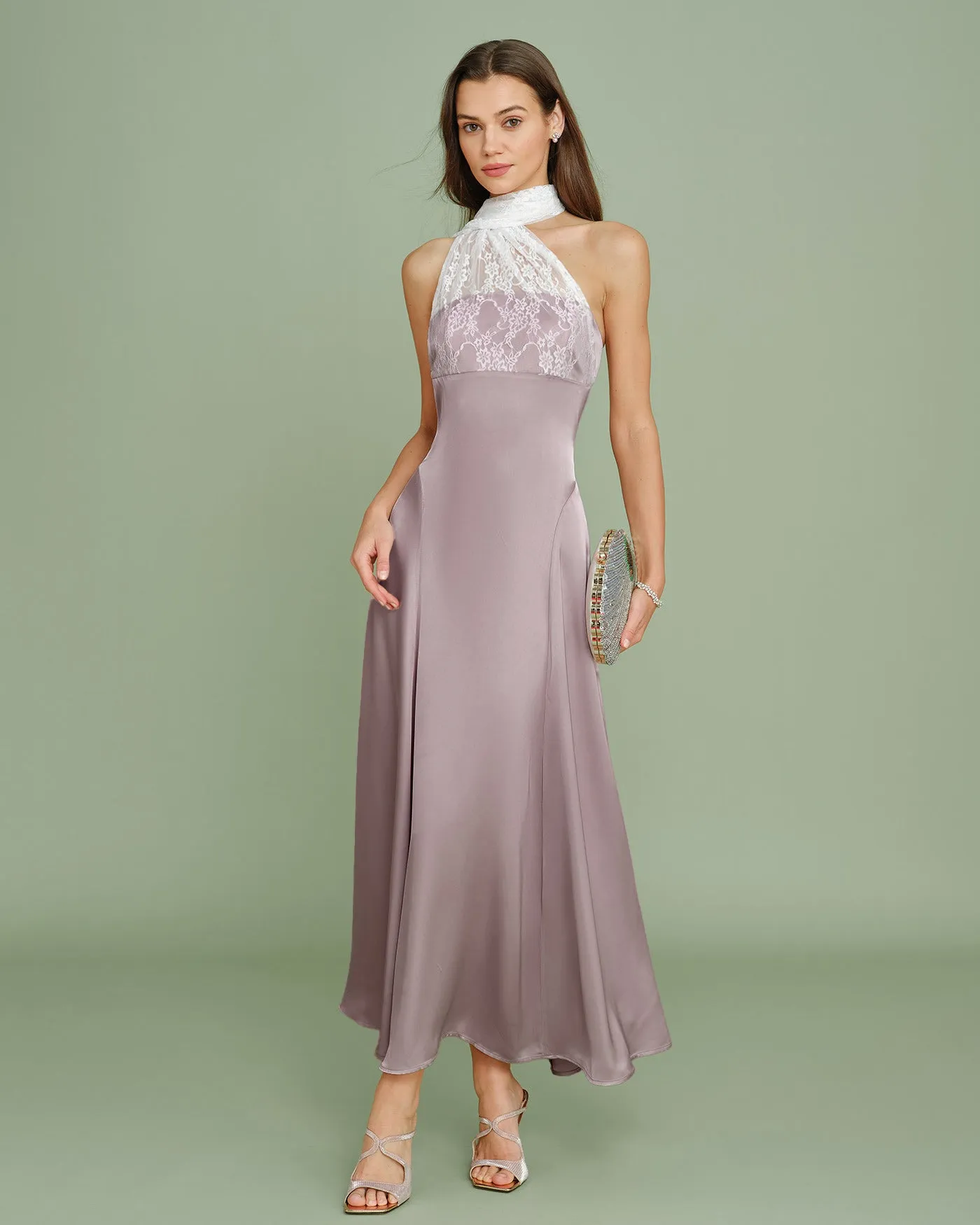 Pink One Shoulder Lace Splicing Maxi Dress sold by rihoas
