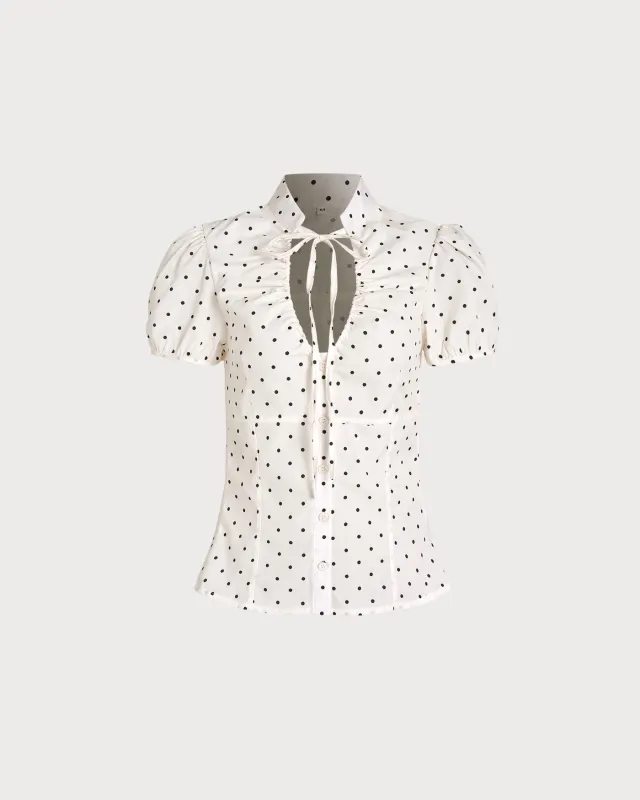 Off White Mandarin Collar Polka Dot Tee made by rihoas