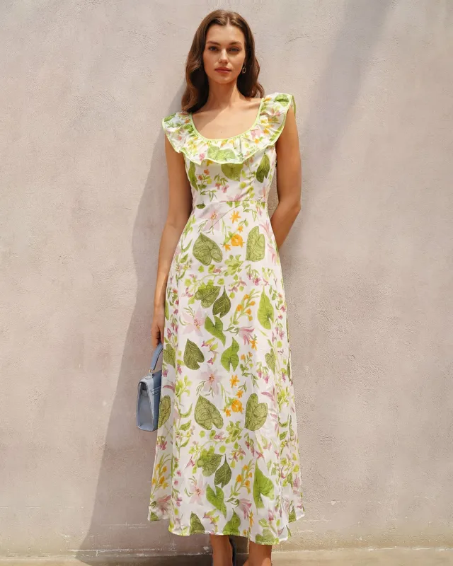 Green U Neck Plant Maxi Dress made by rihoas