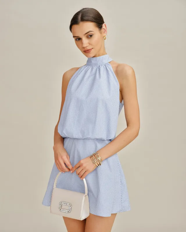 Blue Mock Neck Tie Striped Mini Dress made by rihoas