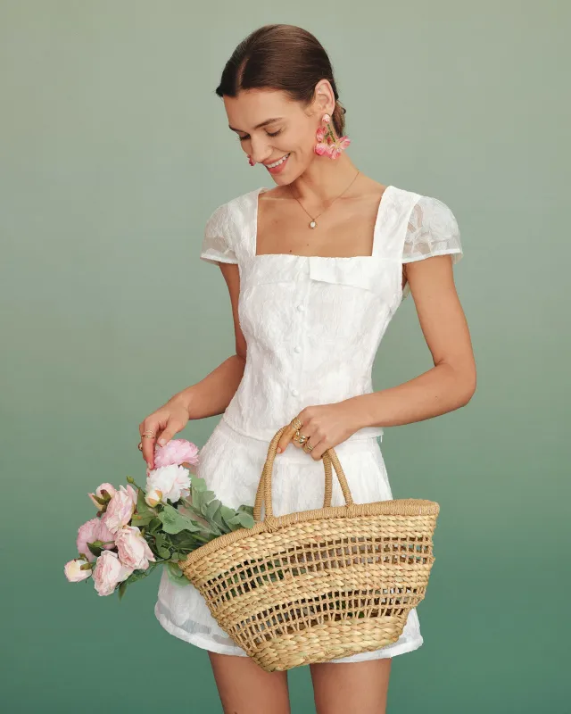 White Square Neck Jacquard Blouse made by rihoas