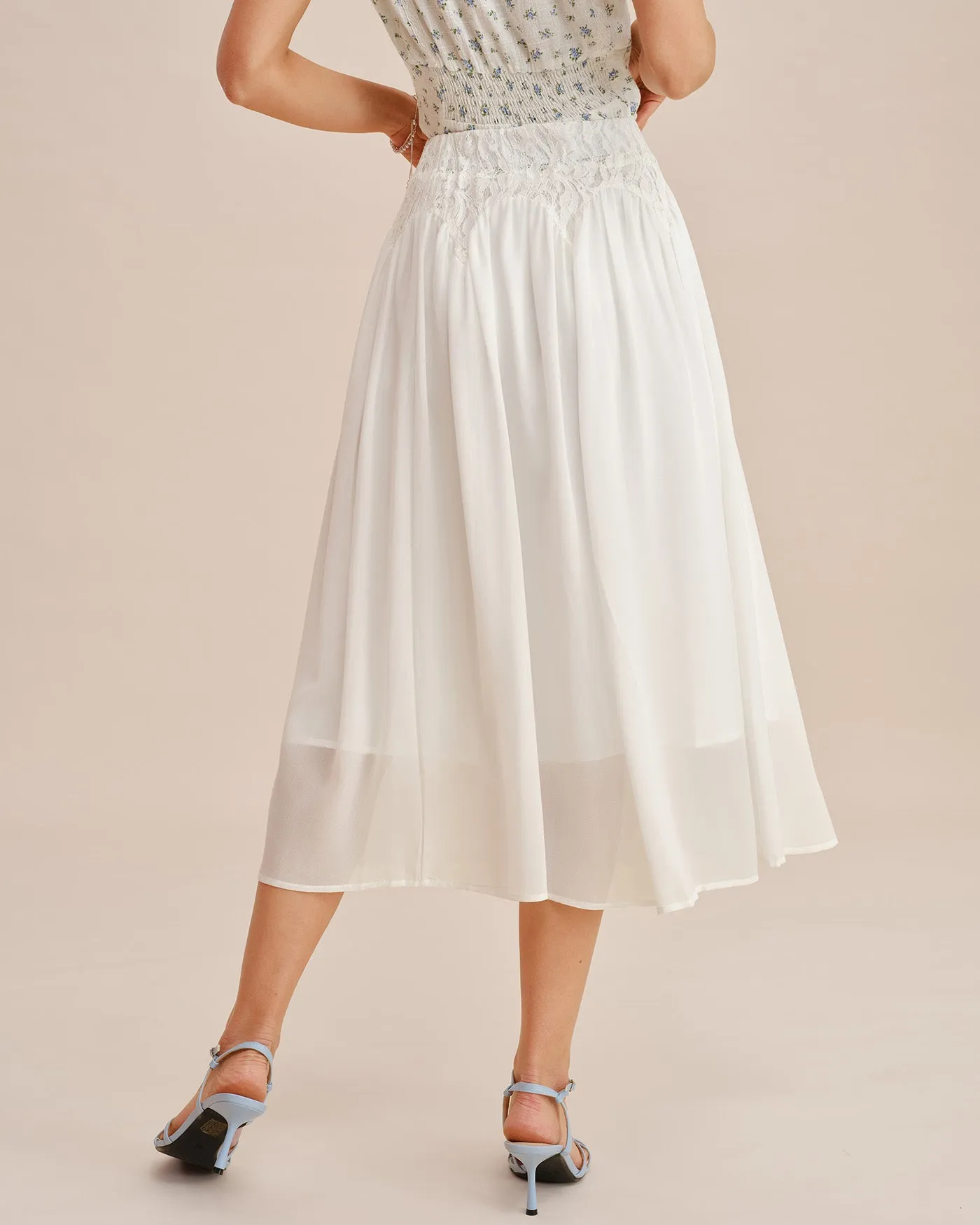 White Lace Splicing Elastic Waist Midi Skirt sold by rihoas product image thumbnail 5