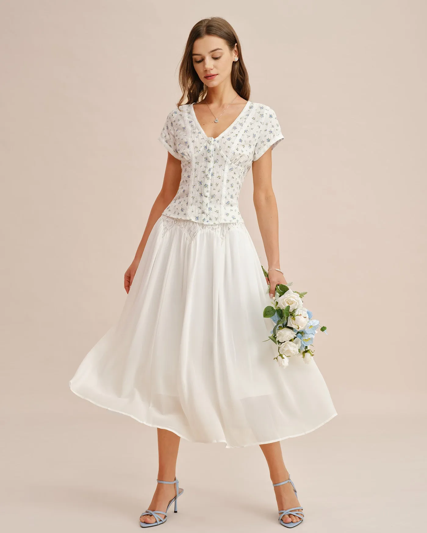 White Lace Splicing Elastic Waist Midi Skirt sold by rihoas product image thumbnail 4