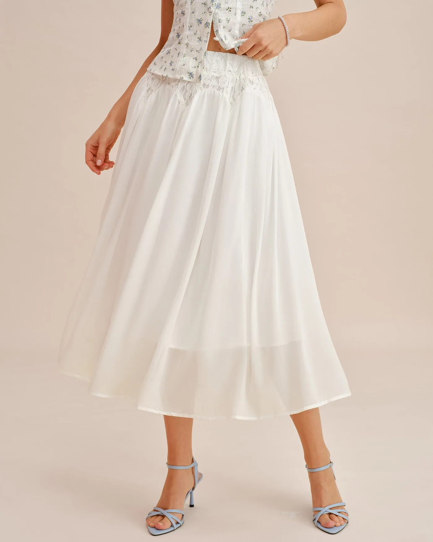 White Lace Splicing Elastic Waist Midi Skirt sold by rihoas product image thumbnail 3