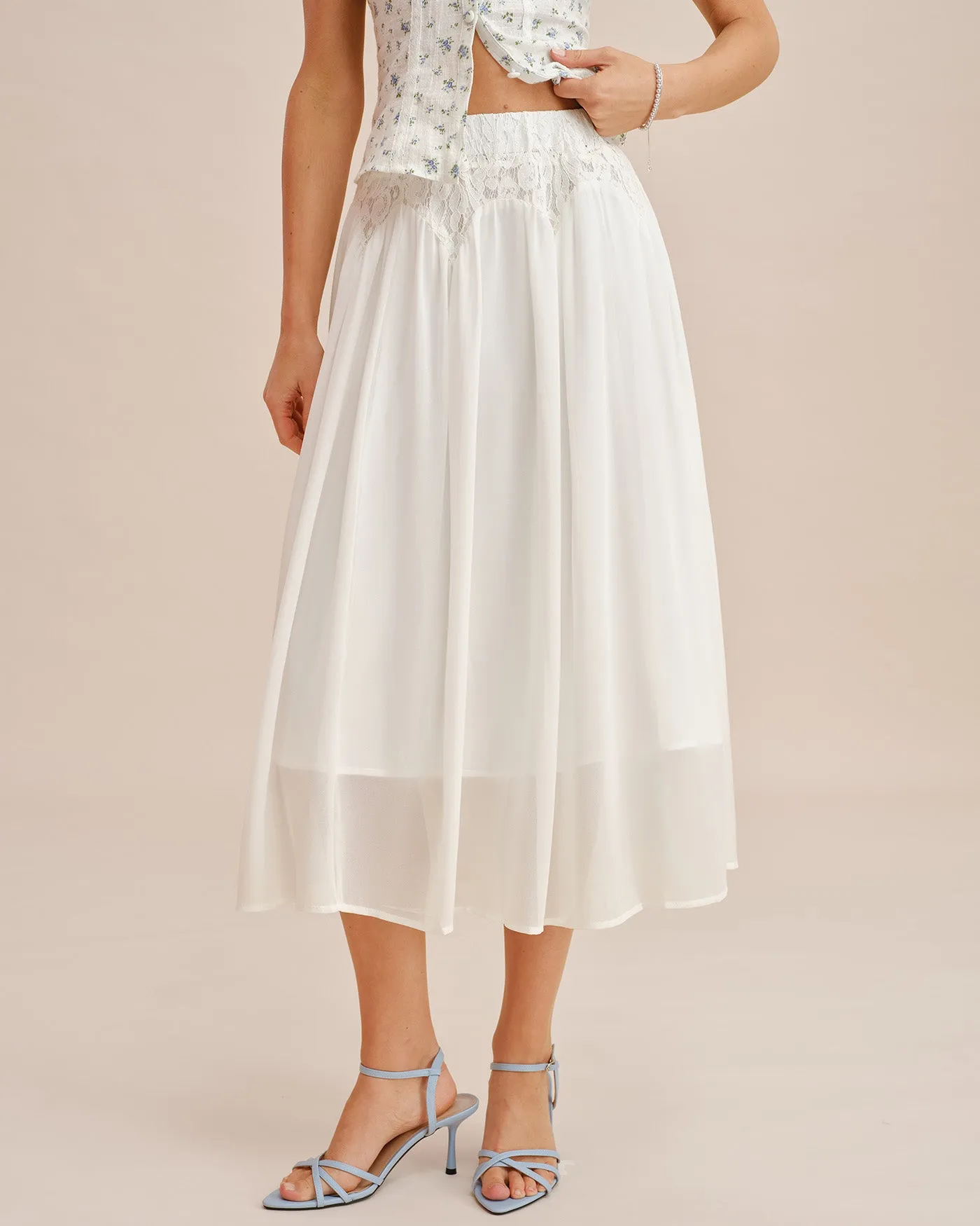 White Lace Splicing Elastic Waist Midi Skirt sold by rihoas