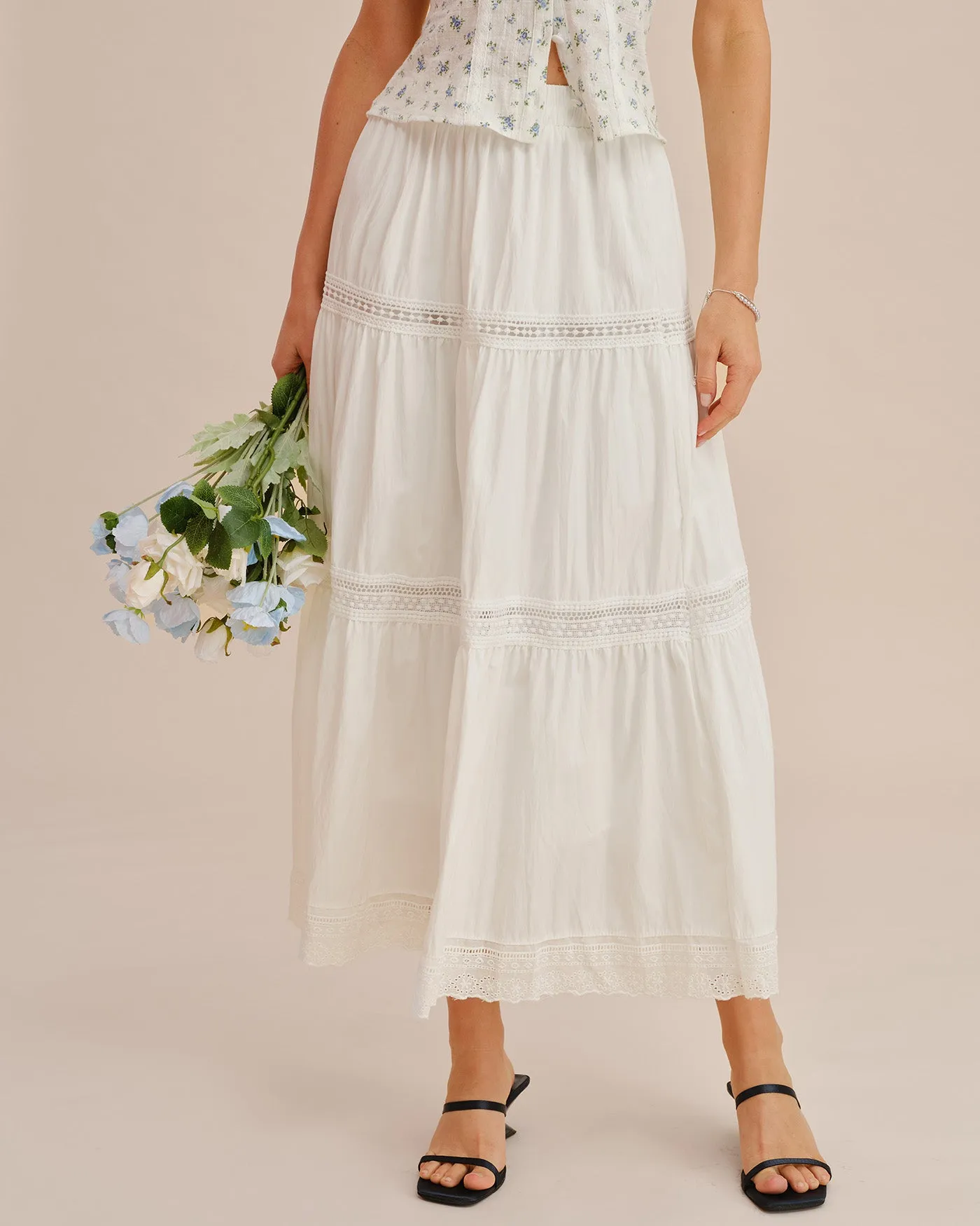 White Elastic Waist Maxi Skirt sold by rihoas product image thumbnail 4
