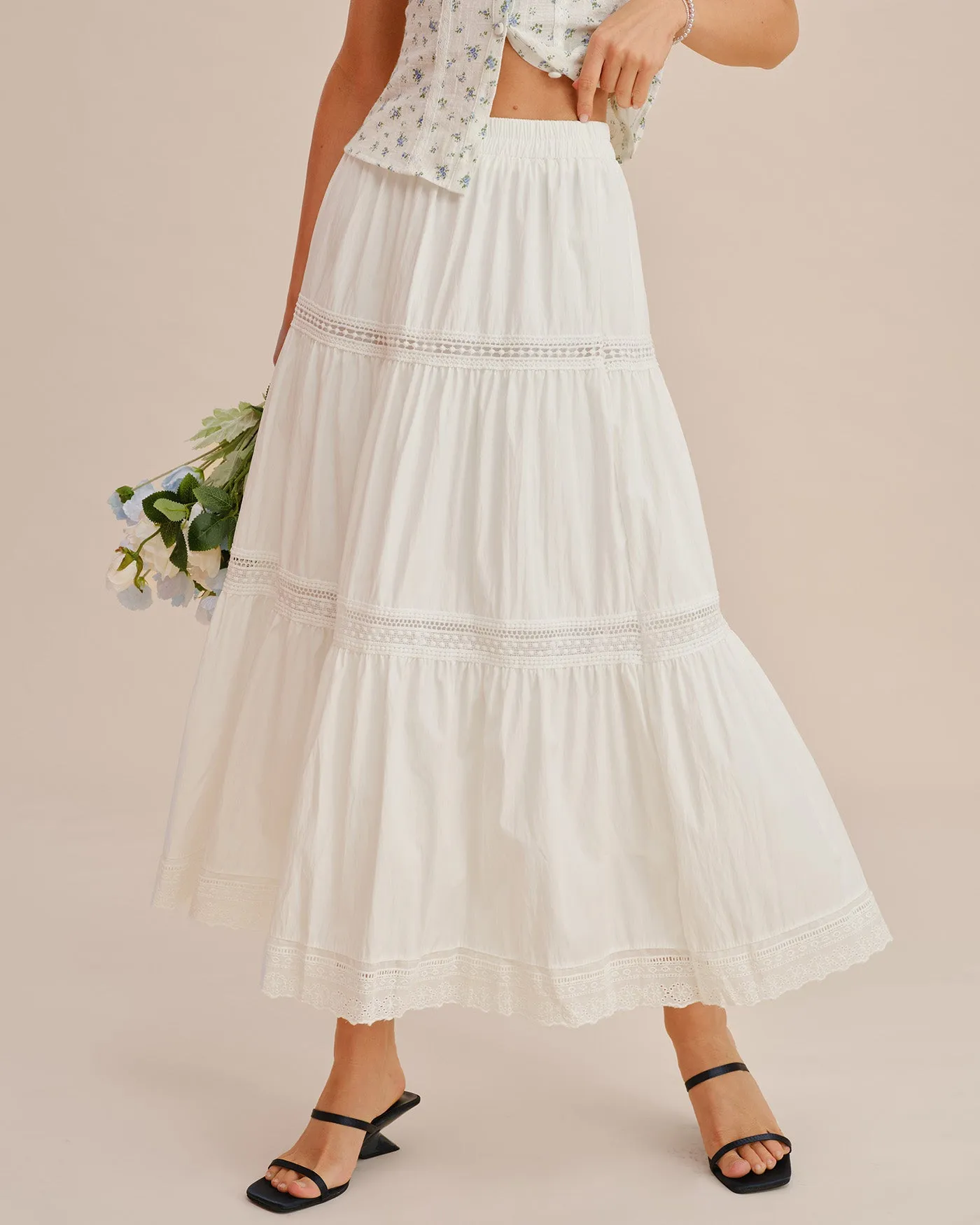 White Elastic Waist Maxi Skirt sold by rihoas