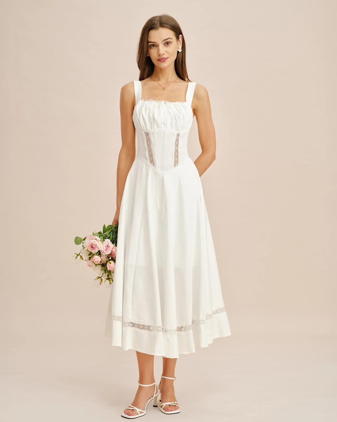 White Lace Splicing Slip Maxi Dress sold by rihoas