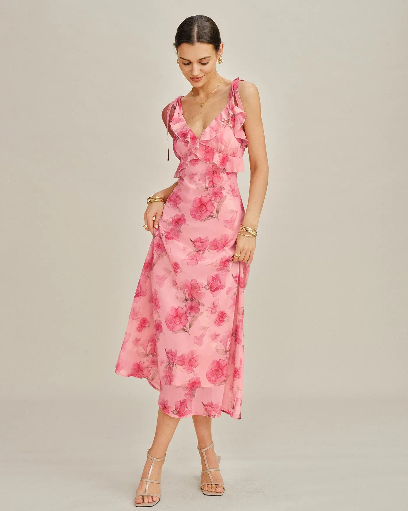 Pink Floral Ruffle Slip Chiffon Maxi Dress sold by rihoas product image thumbnail 5