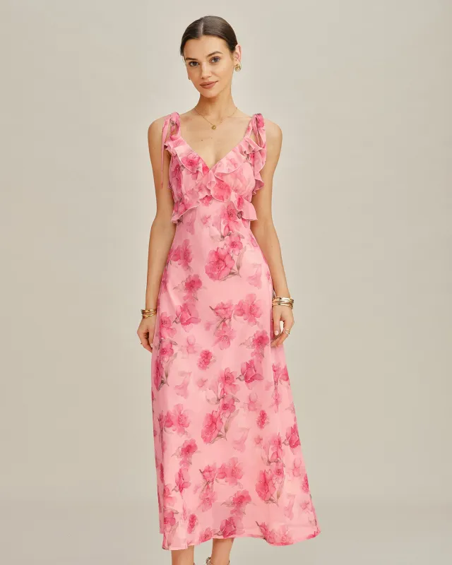 Pink Floral Ruffle Slip Chiffon Maxi Dress made by rihoas