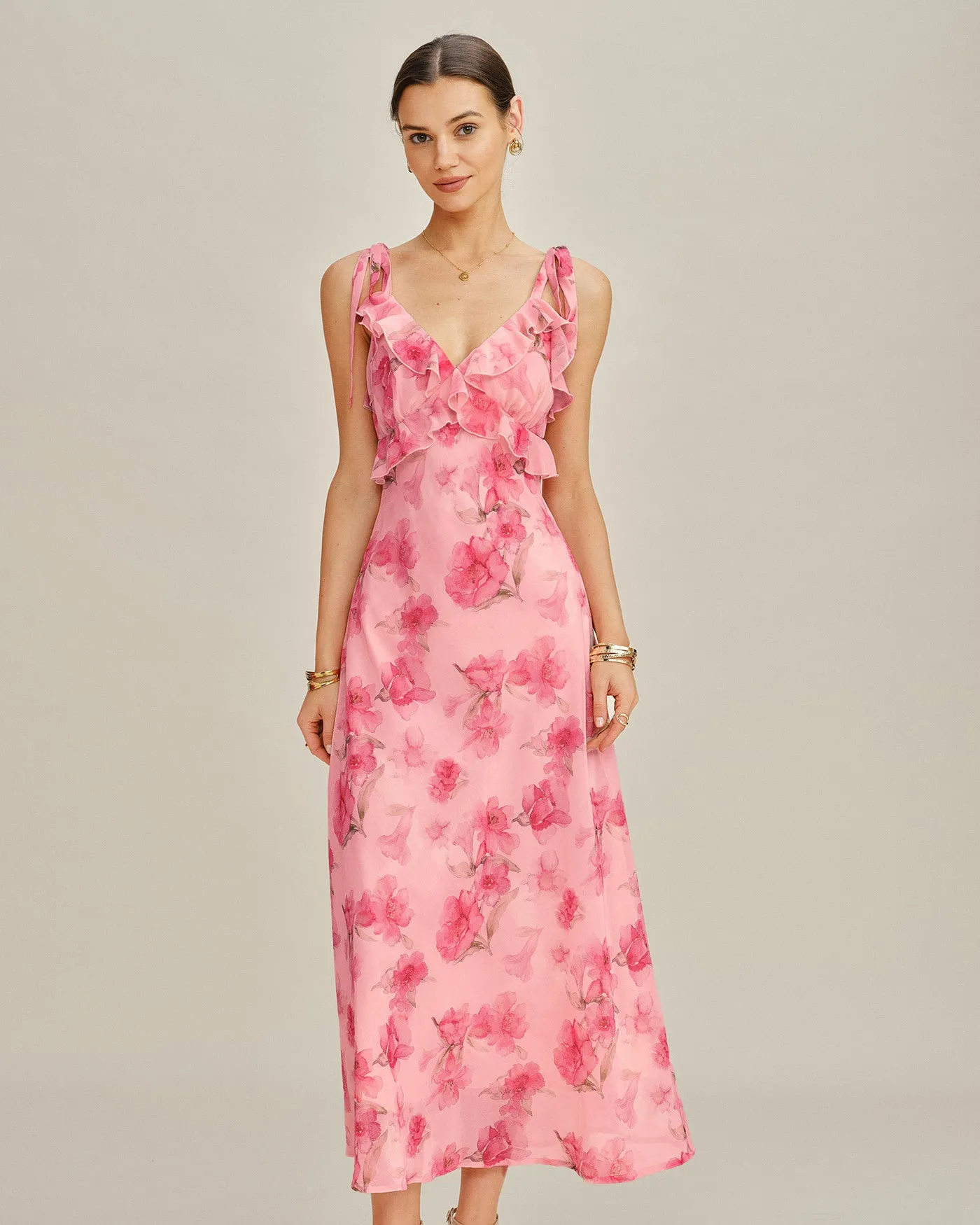 Pink Floral Ruffle Slip Chiffon Maxi Dress sold by rihoas