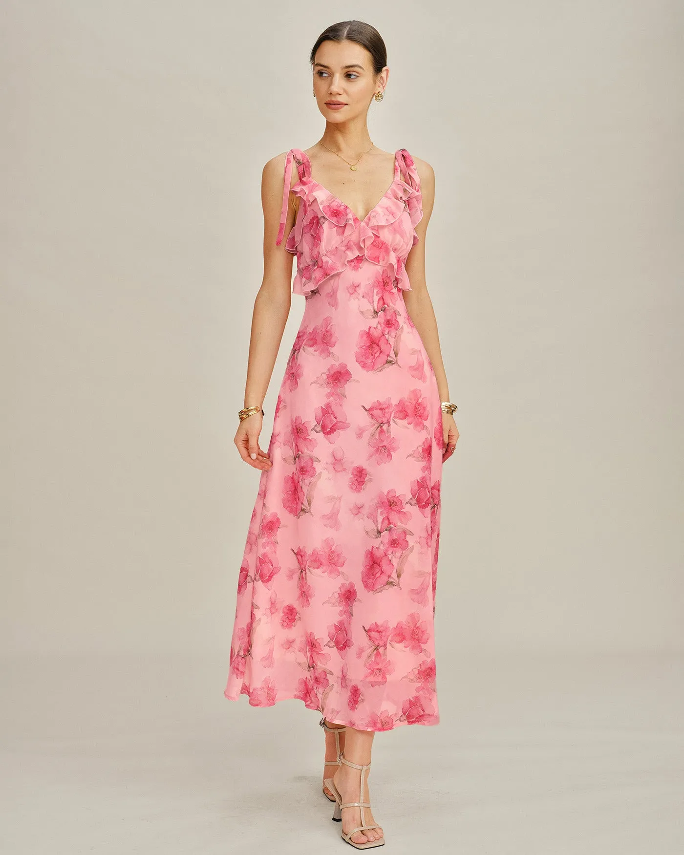 Pink Floral Ruffle Slip Chiffon Maxi Dress sold by rihoas product image thumbnail 4