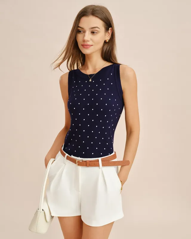 Blue Boat Neck Polka Dot Tank Top made by rihoas