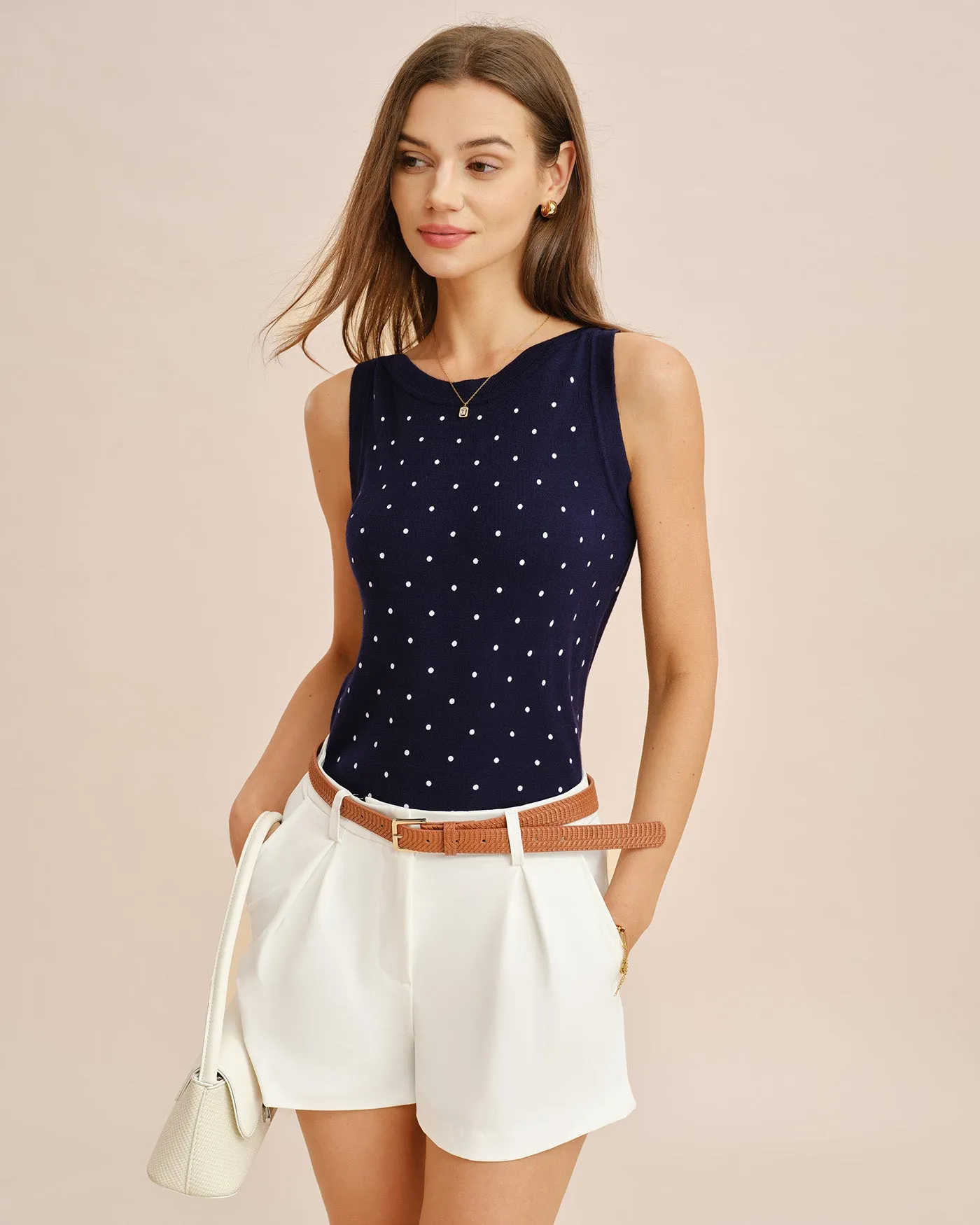 Blue Boat Neck Polka Dot Tank Top sold by rihoas