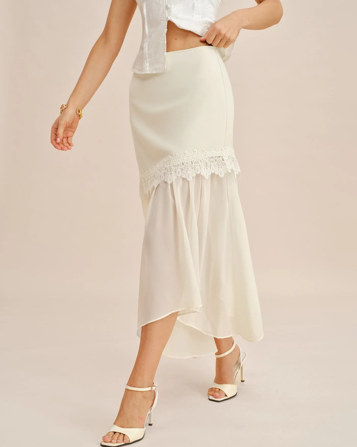 Off White Splicing Flowy Midi Skirt sold by rihoas product image thumbnail 4