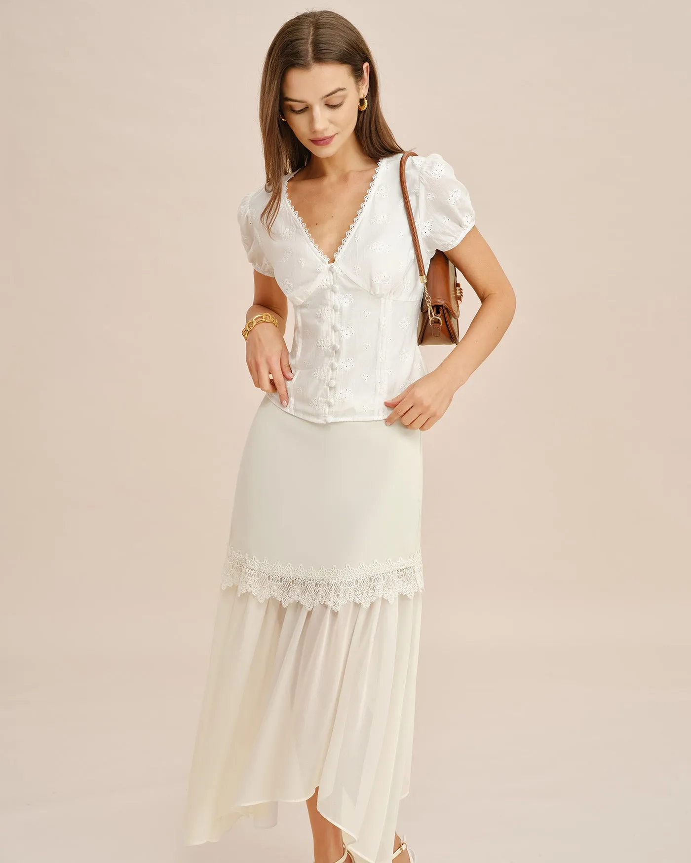 Off White Splicing Flowy Midi Skirt sold by rihoas product image thumbnail 3