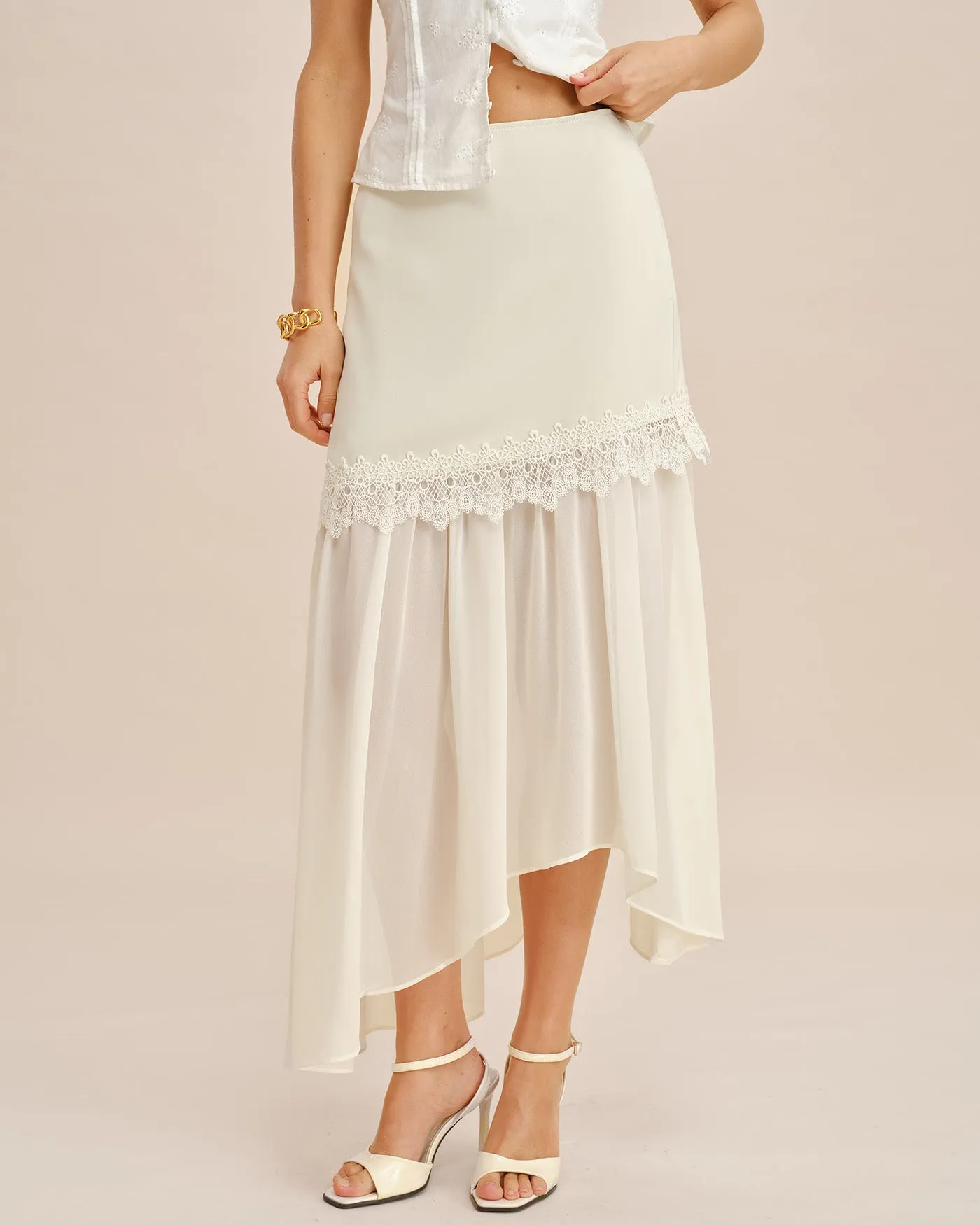 Off White Splicing Flowy Midi Skirt sold by rihoas