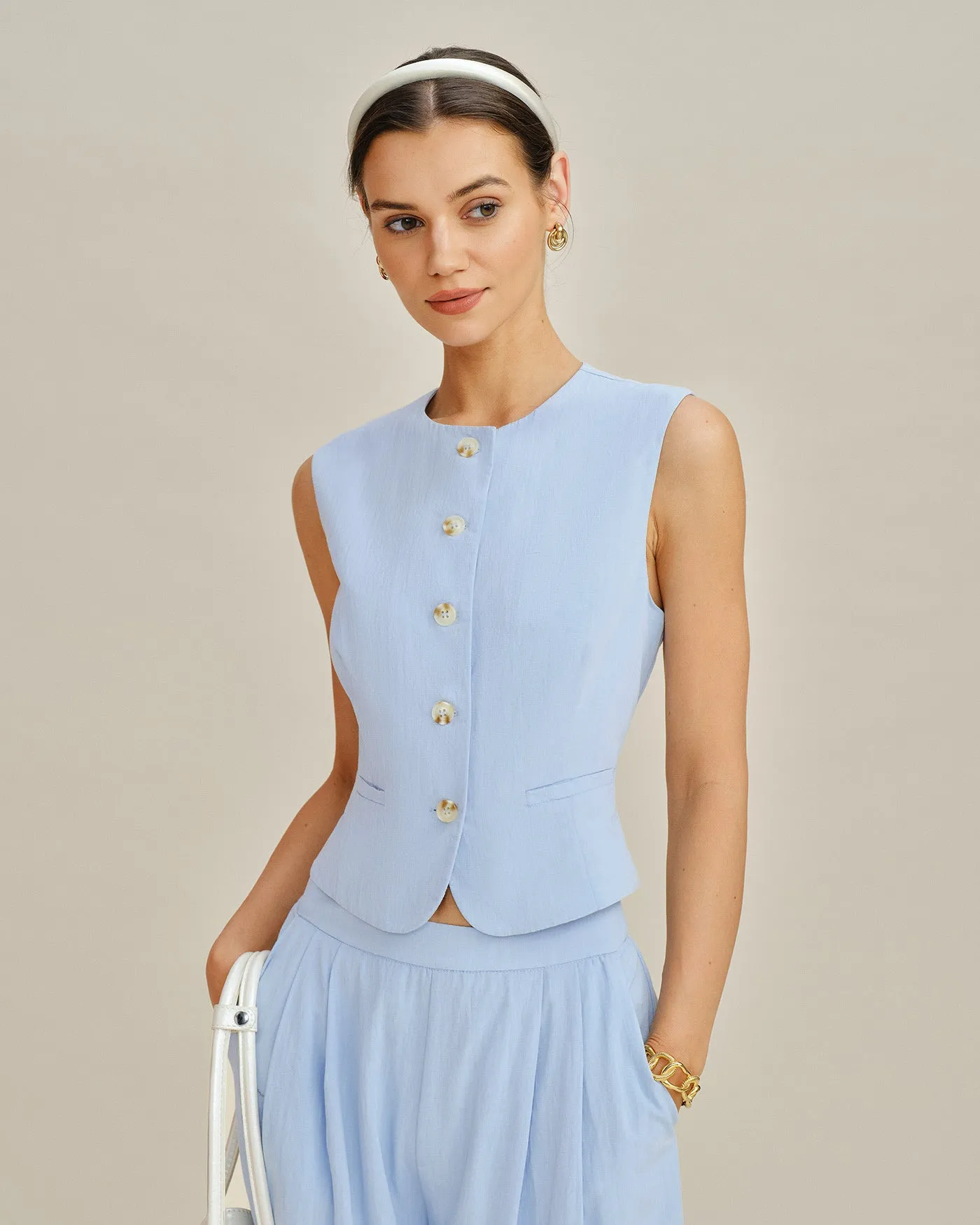 Blue Single Breasted Pockets Vest sold by rihoas product image thumbnail 4