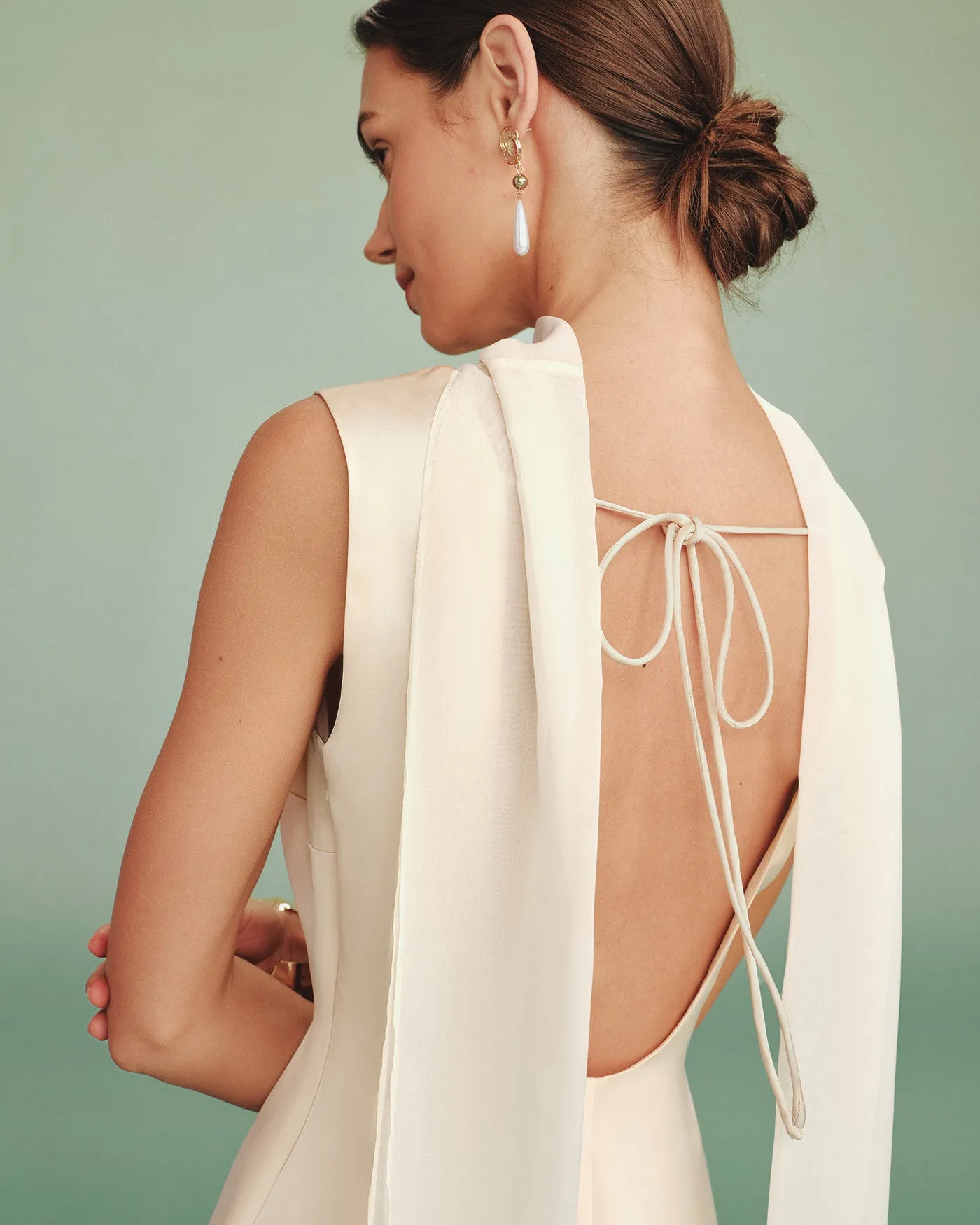 Apricot Boat Neck Tie Satin Mini Dress sold by rihoas product image thumbnail 2