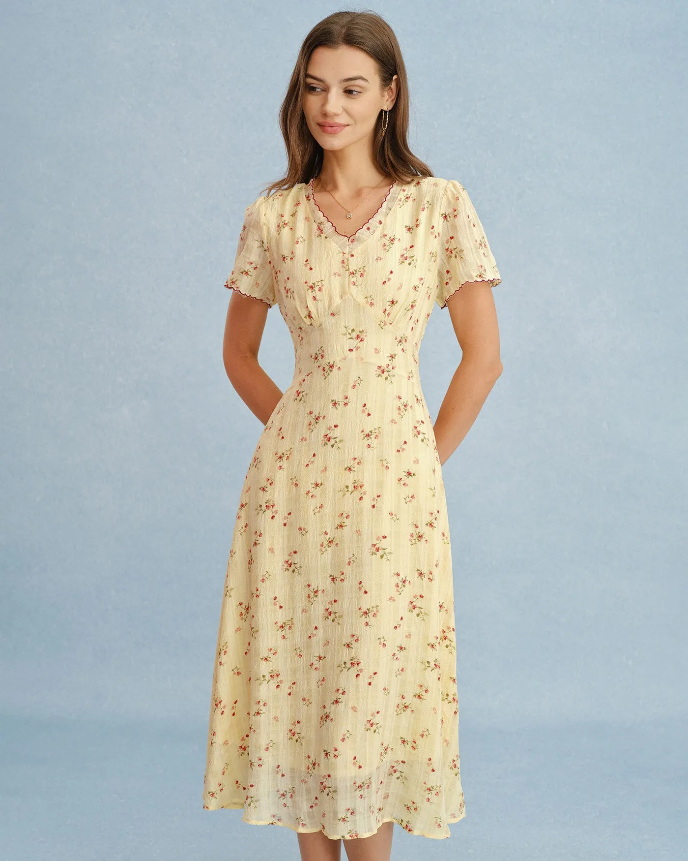 Yellow V Neck Floral Tunic Midi Dress sold by rihoas product image thumbnail 4