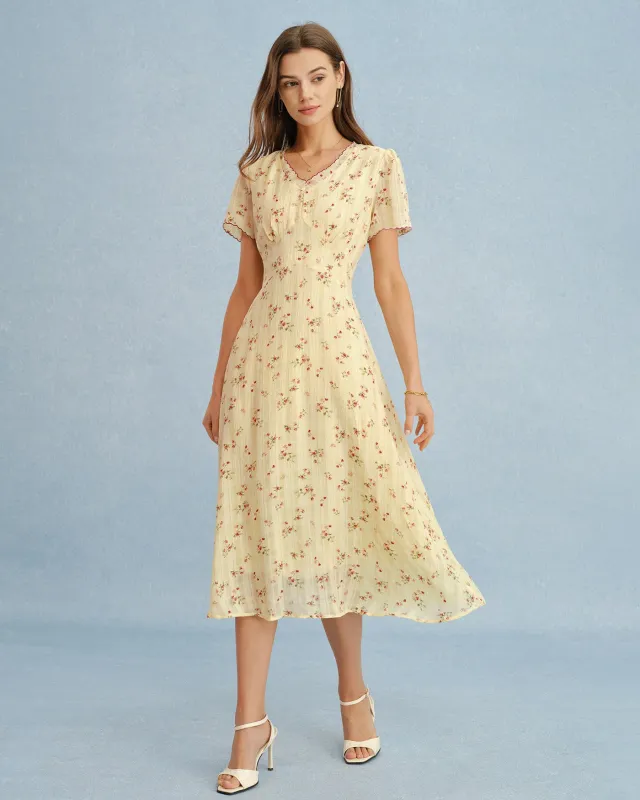 Yellow V Neck Floral Tunic Midi Dress made by rihoas