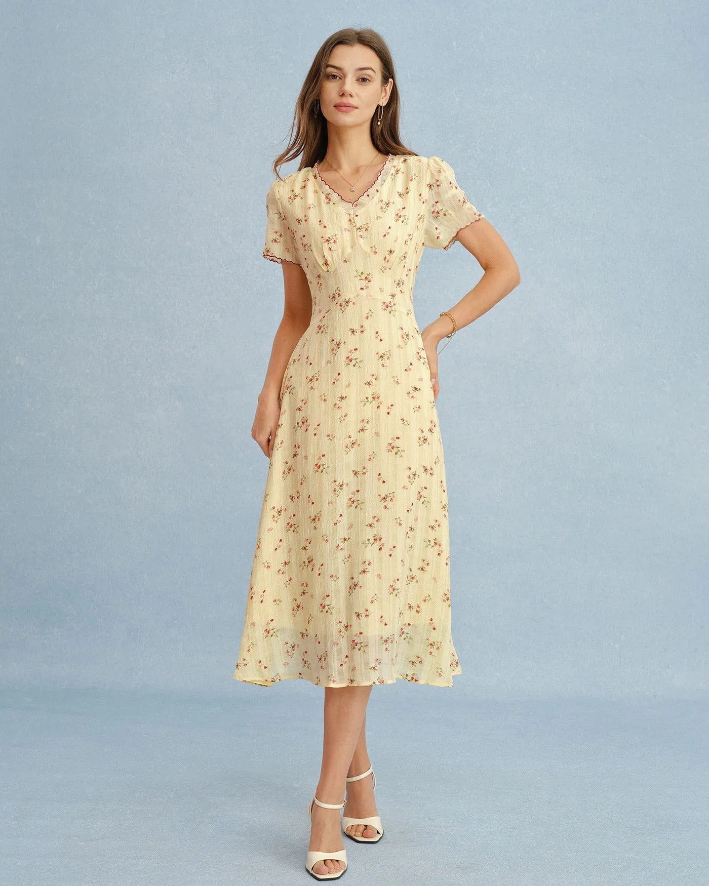 Yellow V Neck Floral Tunic Midi Dress sold by rihoas product image thumbnail 5
