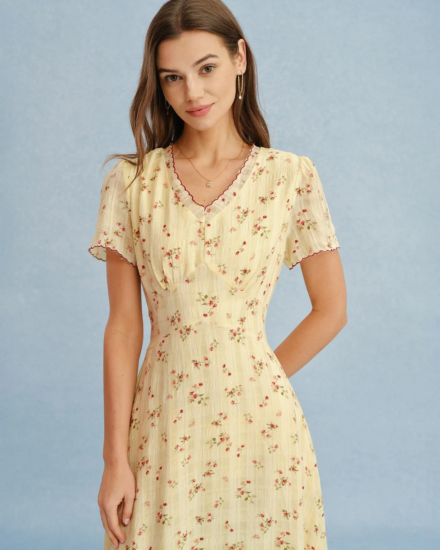 Yellow V Neck Floral Tunic Midi Dress sold by rihoas product image thumbnail 2