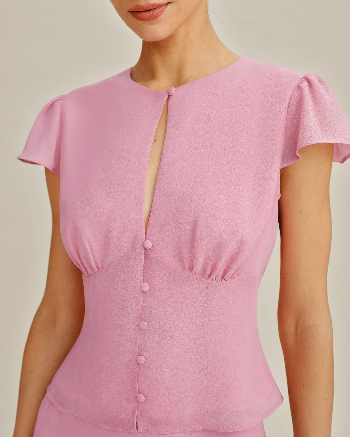 Pink Cut Out Button Chiffon Blouse sold by rihoas product image thumbnail 3