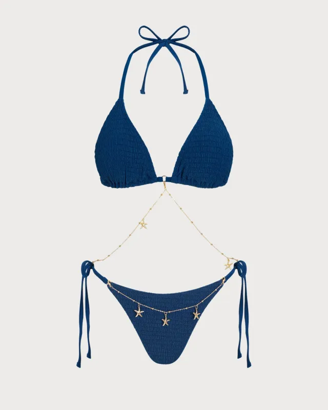 Blue Halter Textured Drawstring Bikini Set made by rihoas