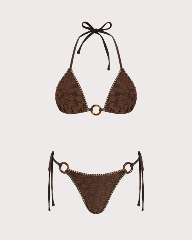 Brown Halter Textured Triangle Bikini Set made by rihoas
