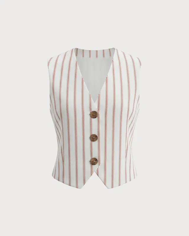 White V Neck Single Breasted Striped Vest made by rihoas