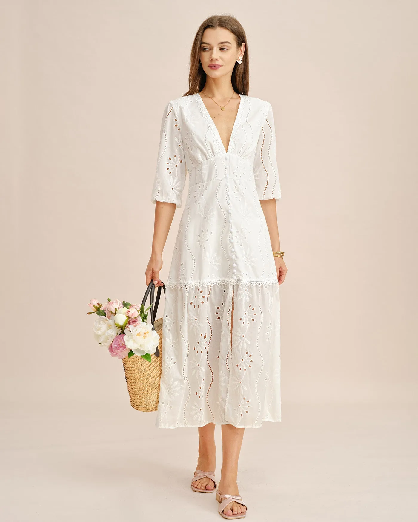 White V Neck Cut Out Maxi Dress sold by rihoas product image thumbnail 3