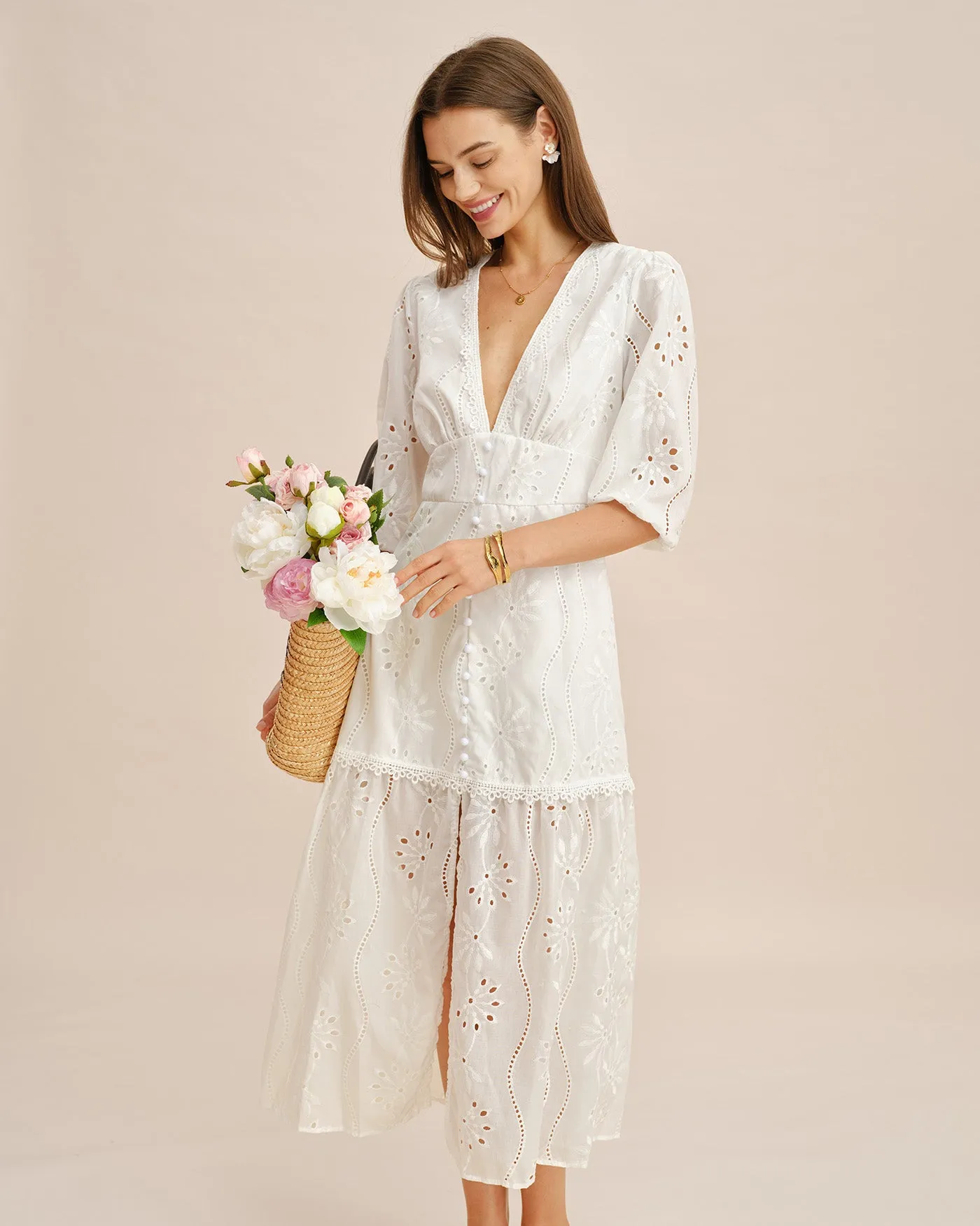 White V Neck Cut Out Maxi Dress sold by rihoas product image thumbnail 4