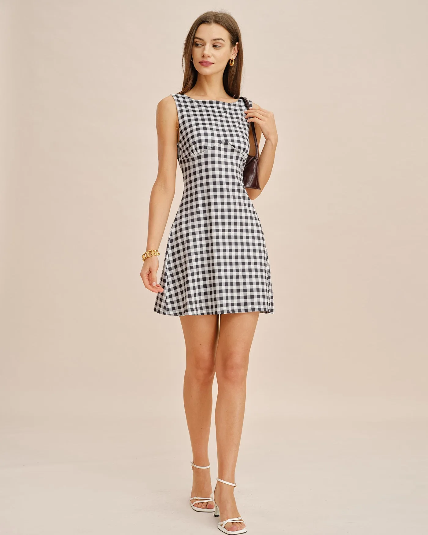 Grey Boat Neck Plaid Mini Dress sold by rihoas product image thumbnail 4