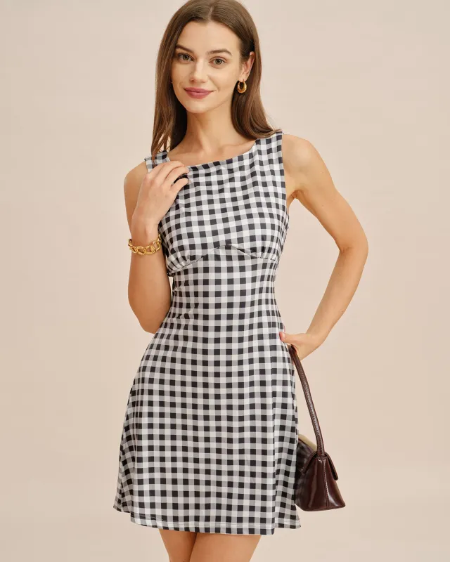Grey Boat Neck Plaid Mini Dress made by rihoas