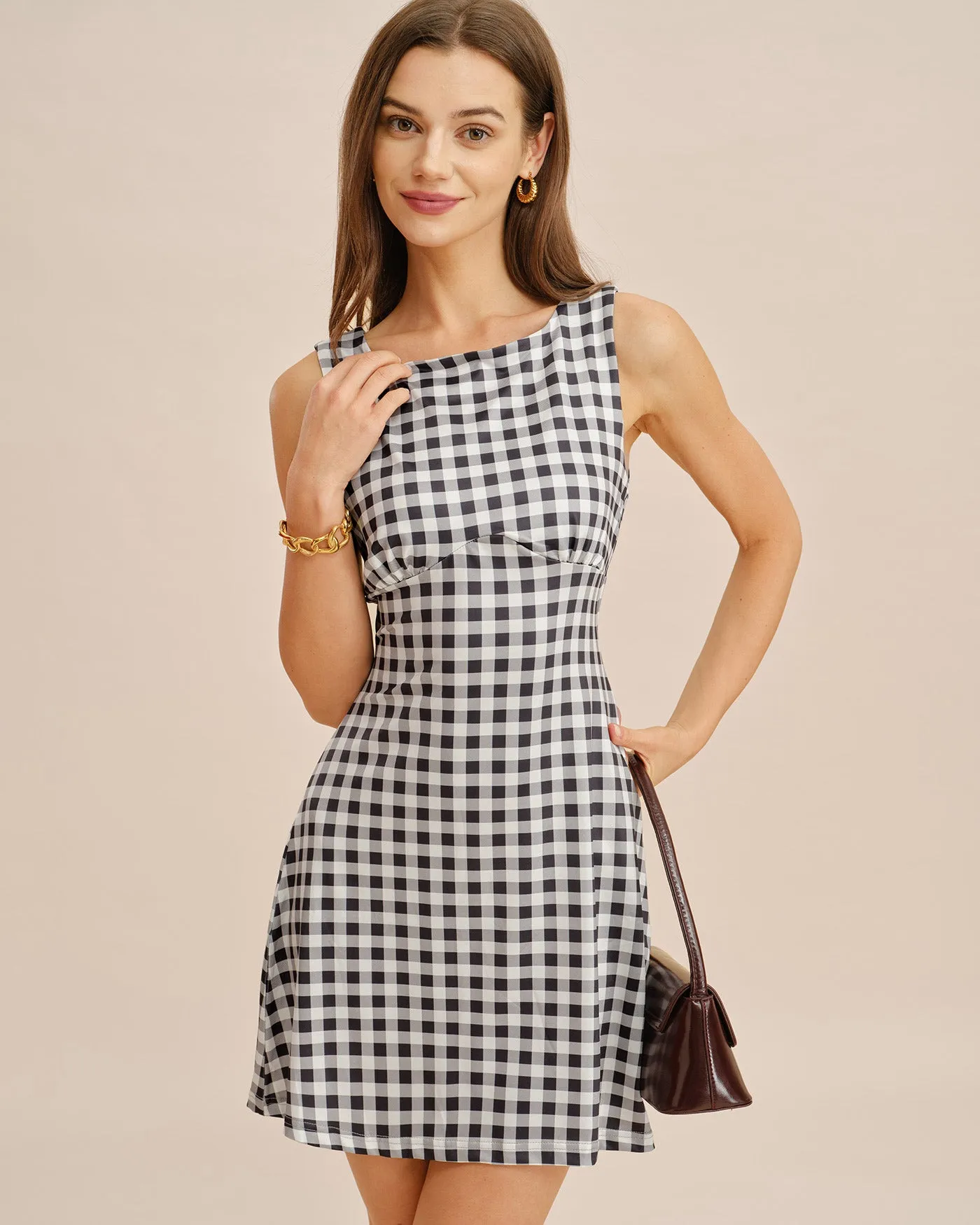 Grey Boat Neck Plaid Mini Dress sold by rihoas